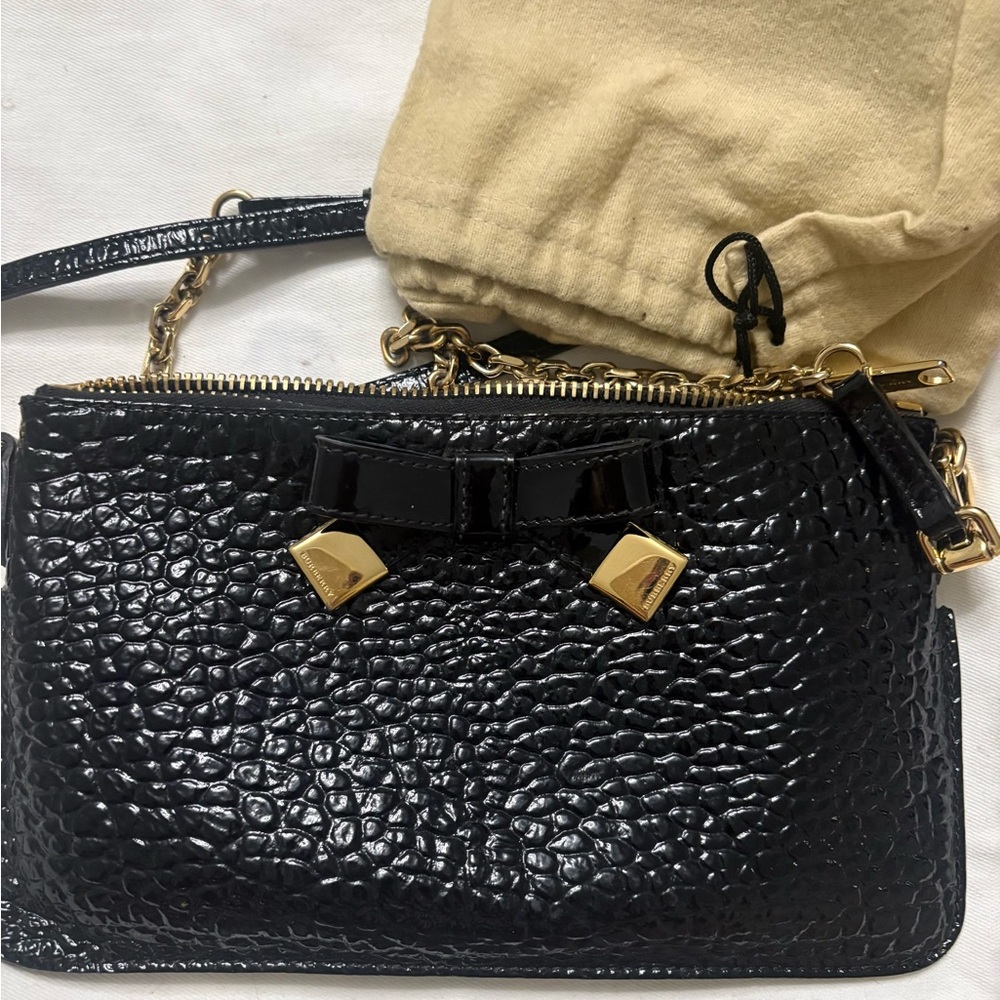 Burberry Black Patent Croc-Embossed Crossbody Bag with Bow - Picture 8 of 12